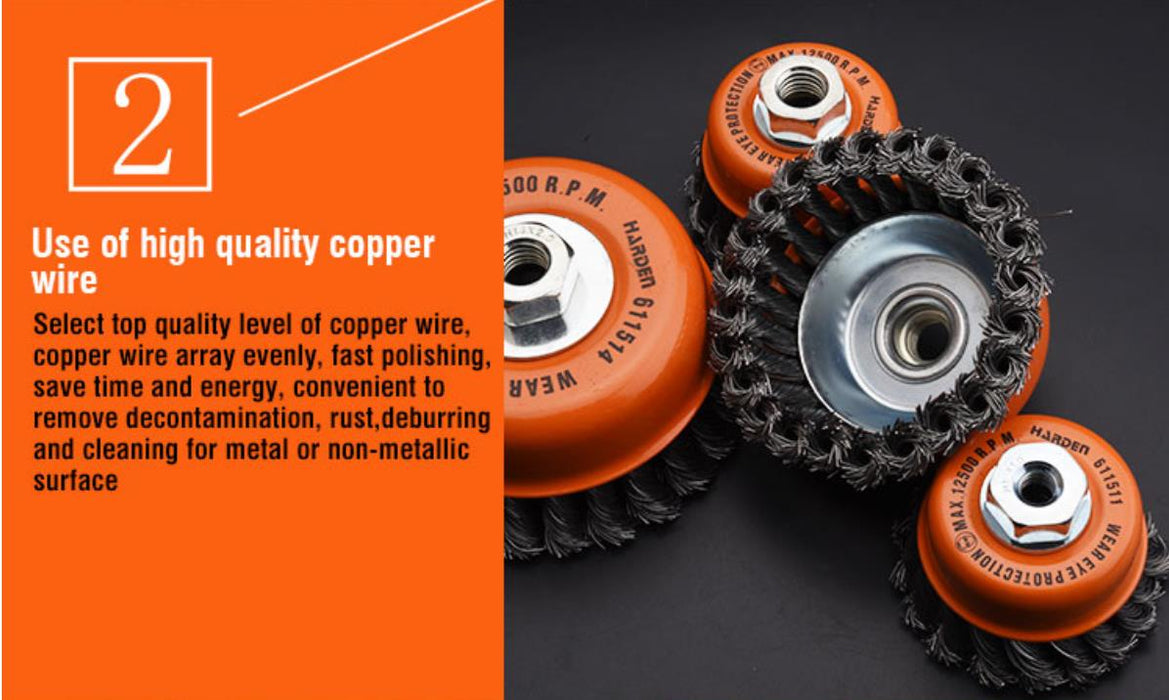 Harden 125mm TWIST WIRE KNOT SKIRTED CUP WHEEL BRUSH STEEL ANGLE GRINDER M14