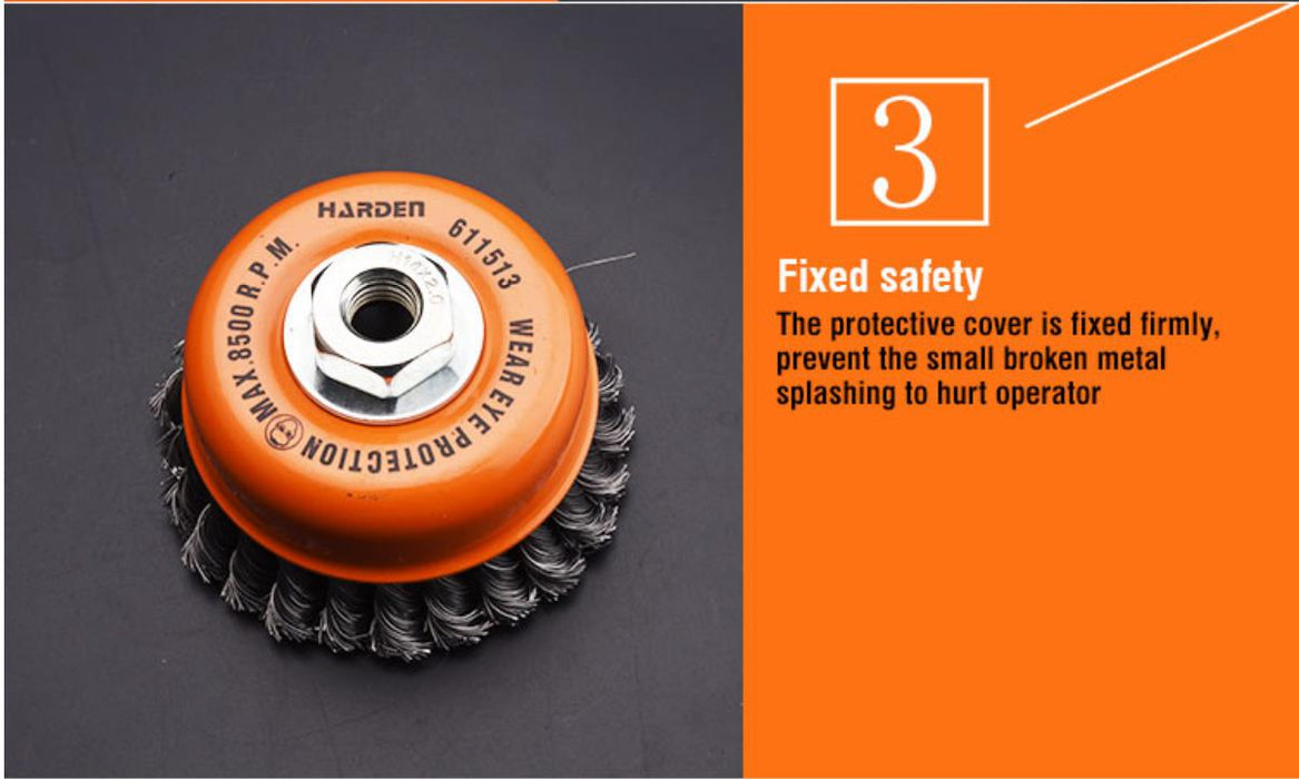 Harden 125mm TWIST WIRE KNOT SKIRTED CUP WHEEL BRUSH STEEL ANGLE GRINDER M14