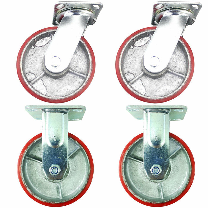 4 x 6" Heavy Duty Swivel Fixed Caster Castors 400KG P/Wheel Load 150mmØ RED P/U