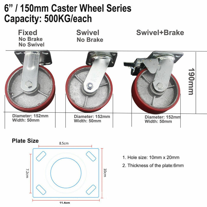 4 x 6" Heavy Duty Swivel Fixed Caster Castors 400KG P/Wheel Load 150mmØ RED P/U