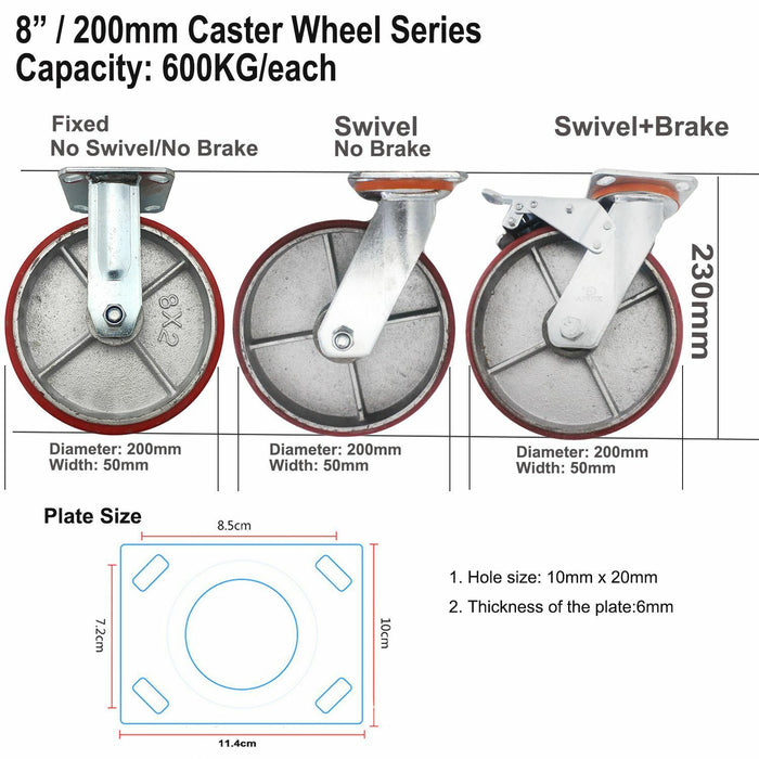 4P Sets Heavy Duty POLYURETHANE PU Castor Wheel Trolley Caster Combo 8"