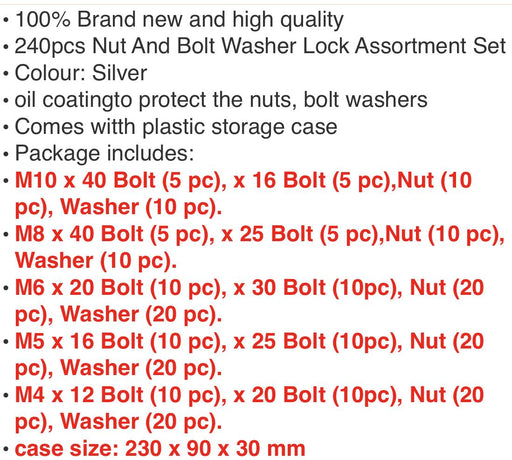 240PCE Hex Head Nut and Bolt M4 M5 M6 M8 M10 Kit Tools Washer Assortment Box AU - FISHER DISCOUNT