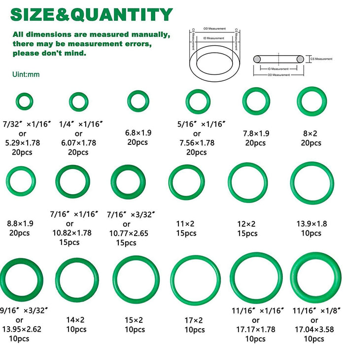 270 Pcs Air Conditioning O Ring Assortment Kit Green Air Con 18 Sizes Oring Gas - FISHER DISCOUNT