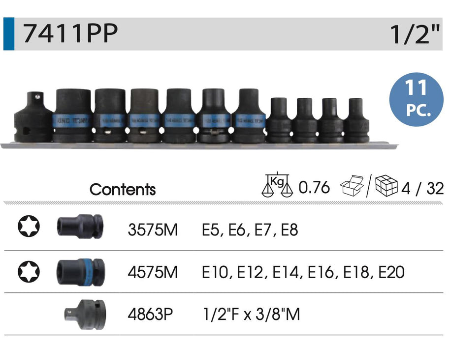 KING TONY 11Pc 1/2"DR  Impact Socket Set with Adapter E5-E20 Made in Taiwan