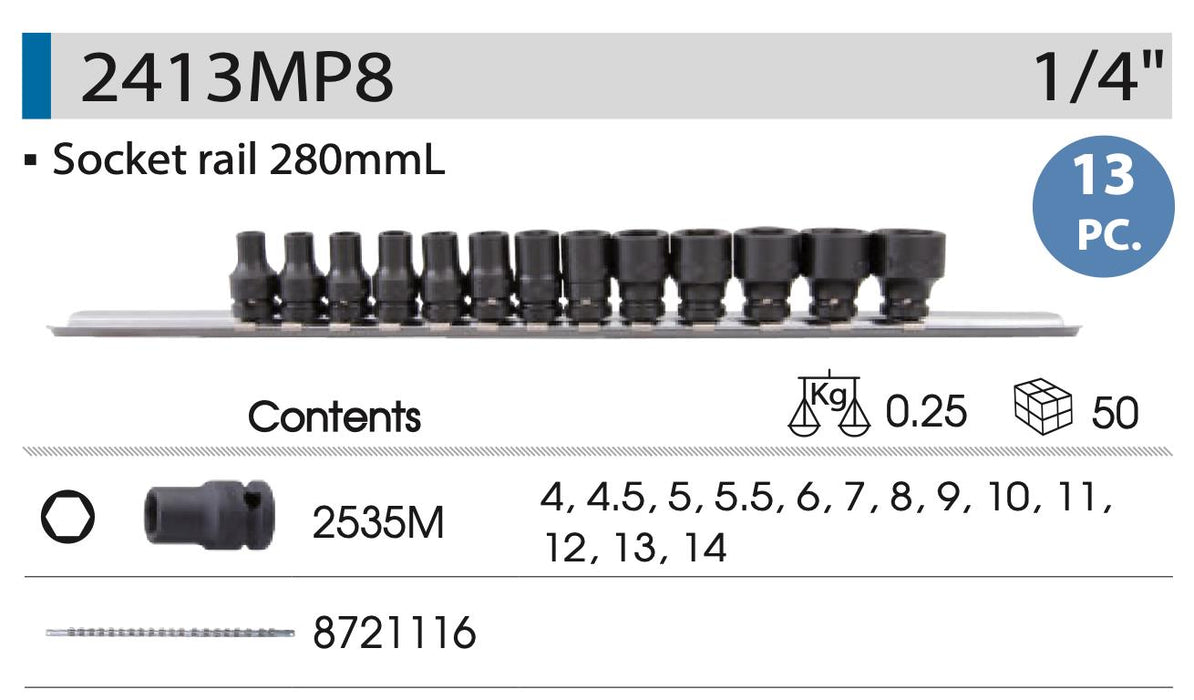 KING TONY 13PCS 1/4" Dr 6pt Standard Impact Socket 4-14mm Made in Taiwan