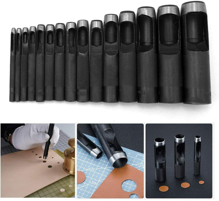 15Pc Hollow Punch Set Leather Hole Steel Punching Storage Bag  3-25mm