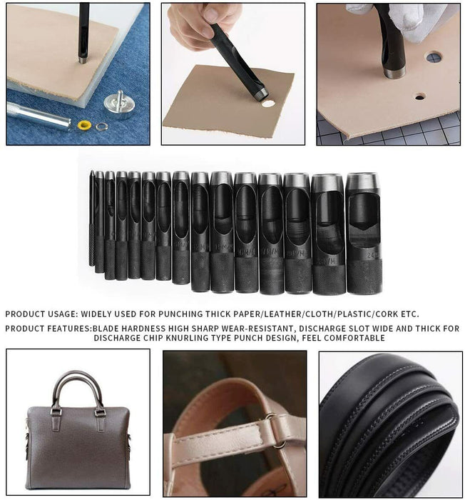 15Pc Hollow Punch Set Leather Hole Steel Punching Storage Bag  3-25mm