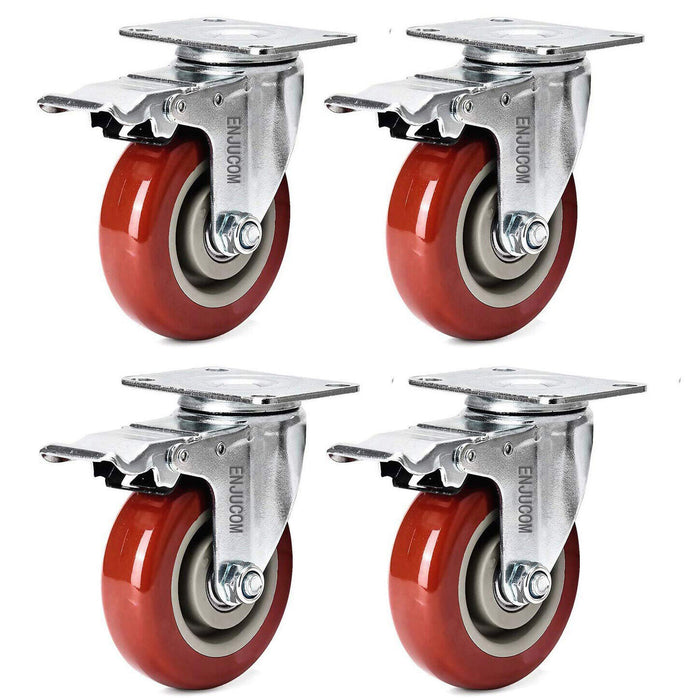 4PC 5" Dual Ball Bearing Polyurethane Castor Wheels  Swivel with Brake 1500Lbs