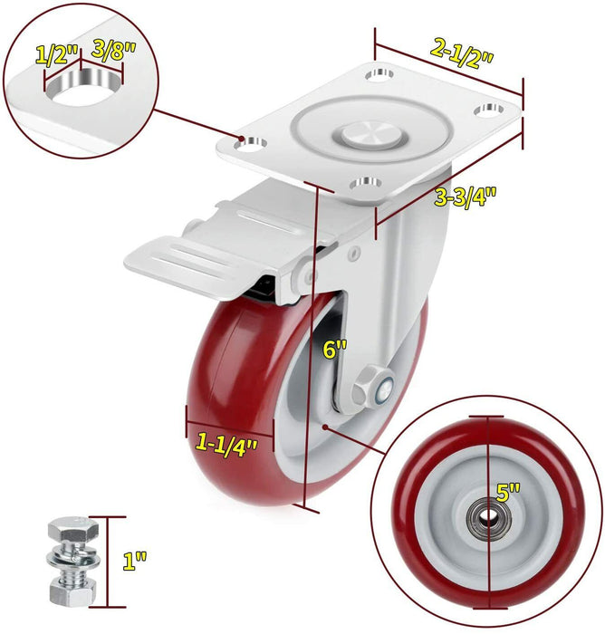 4PC 5" Dual Ball Bearing Polyurethane Castor Wheels  Swivel with Brake 1500Lbs