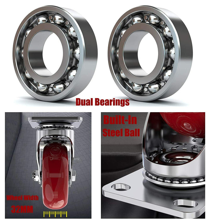 4PC 5" Dual Ball Bearing Polyurethane Castor Wheels  Swivel with Brake 1500Lbs