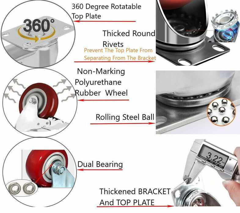 4PC 5" Dual Ball Bearing Polyurethane Castor Wheels  Swivel with Brake 1500Lbs