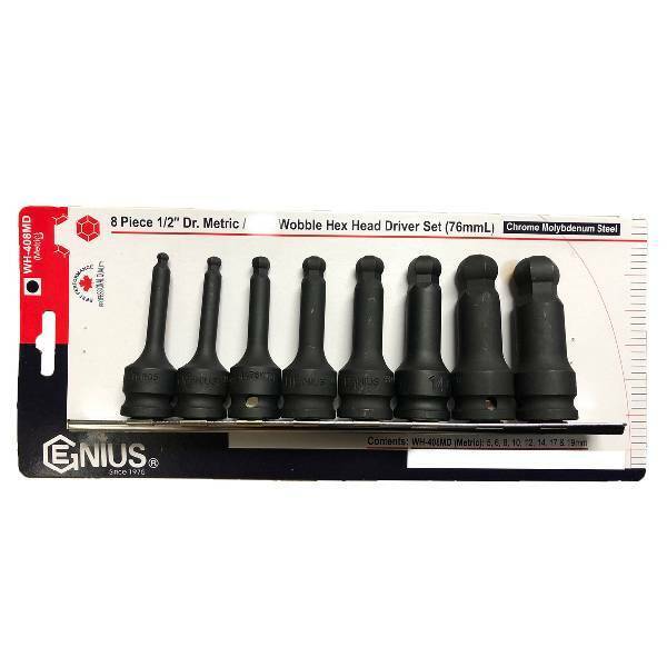 Genius Tools 8PC 1/2” Dr. Metric Wobble Hex Head Driver Set 5-19mm Made TAIWAN