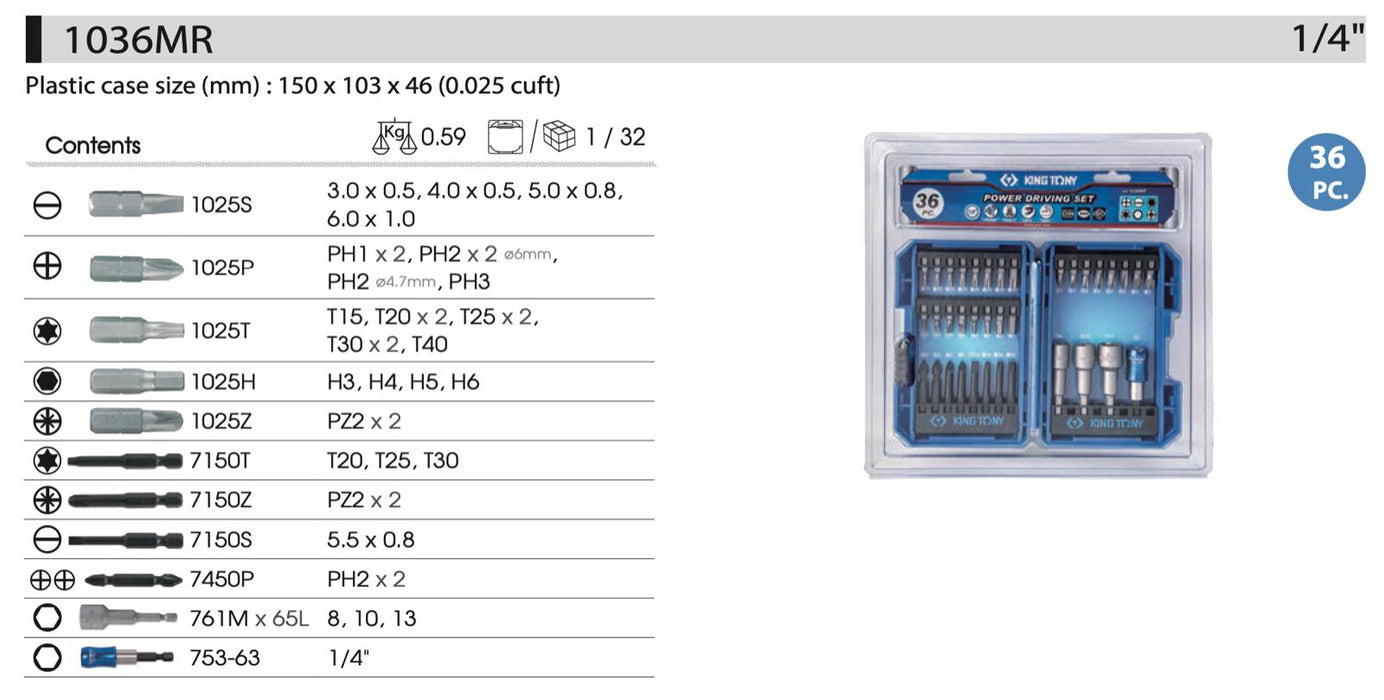 KING TONY 36PC Magnetic Impact POWER Screwdriver Bit Nut Driver Set MADE TAIWAN