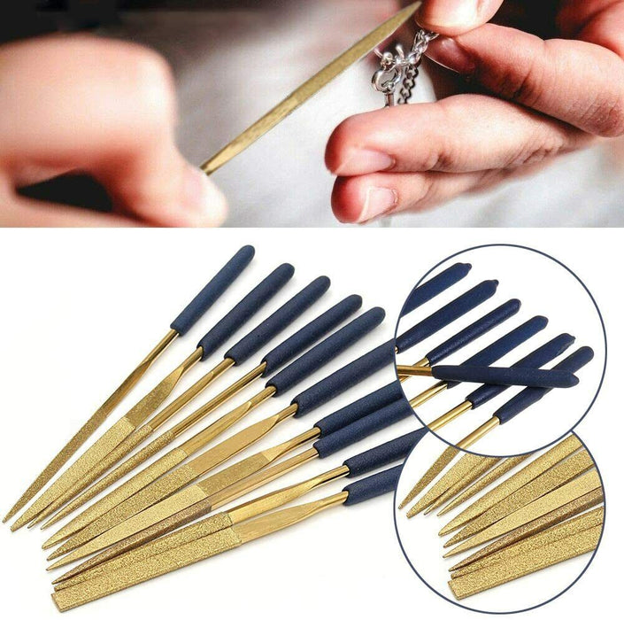 10pcs Titanium Coated Mini Diamond Needle File Set for Metal Glass Stone 120Grit