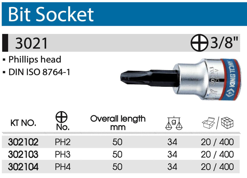 KING TONY 3/8" DR  Phillips Bit Socket S2  Cr-V Steel Made in Taiwan PH2 PH3 PH4