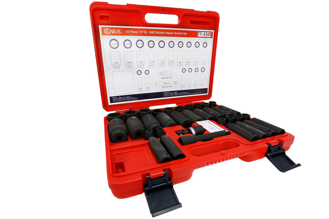 Genius Tools 34 Piece 1/2” Drive Std & Deep AF Master Impact Socket Set GS-434s