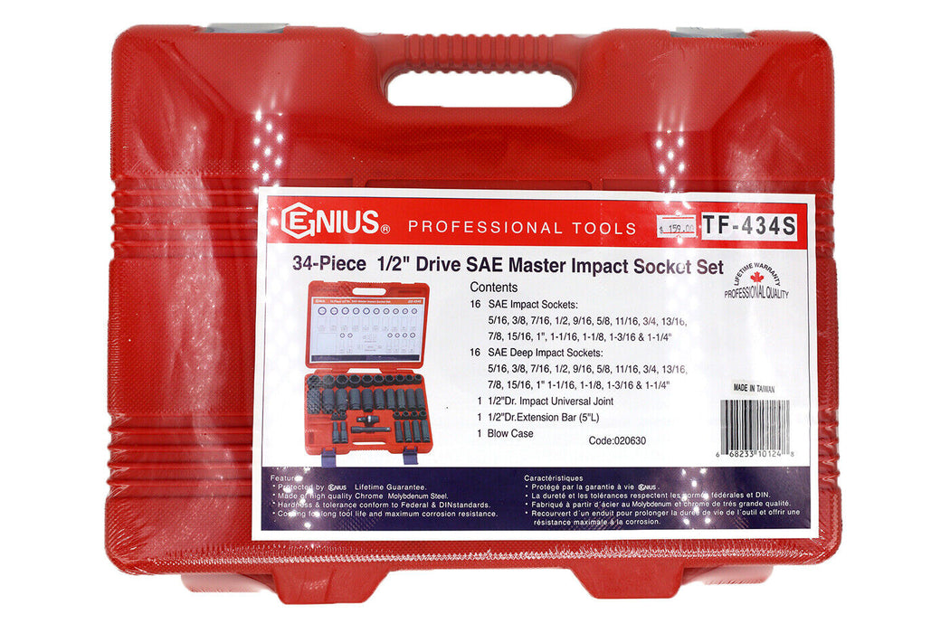 Genius Tools 34 Piece 1/2” Drive Std & Deep AF Master Impact Socket Set GS-434s