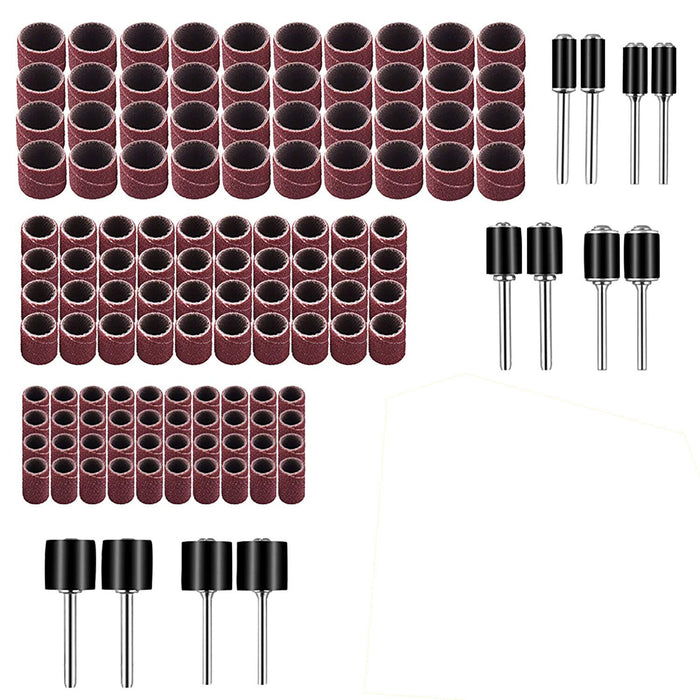 132PCSanding Bands Drum Sleeve Set 120 Grits Mandrel Dremel Rotary Kit 3mm Shank