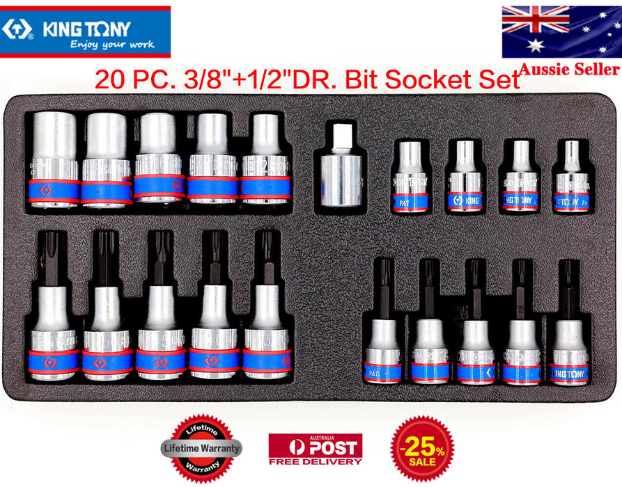 KING TONY TOP Quality  20PC 3/8" 1/2"DR Torx Star Bit Socket Set Made in Taiwan