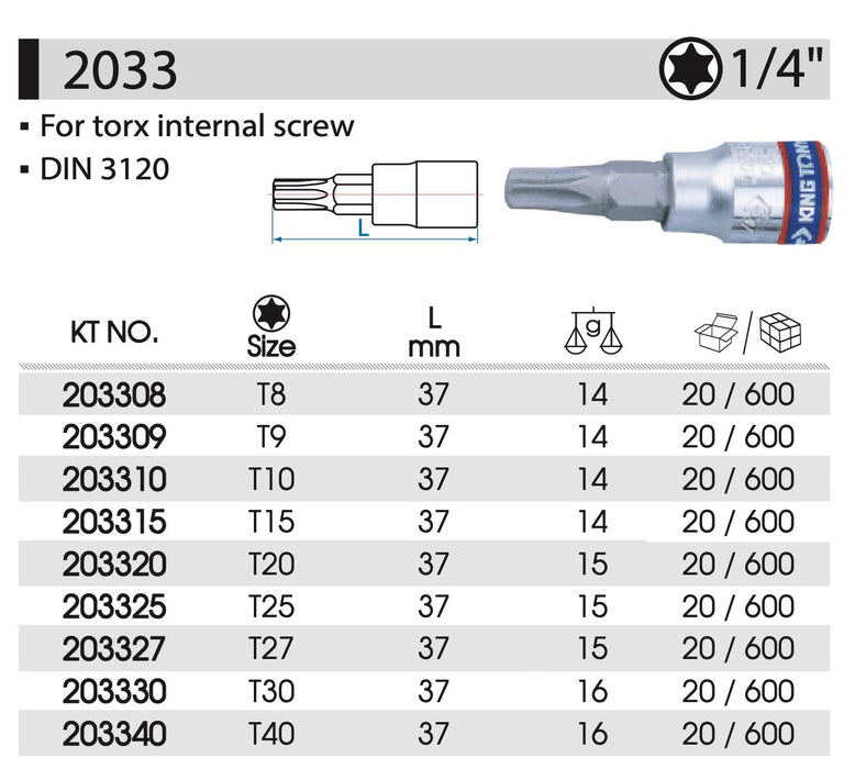 KING TONY  1/4" Dr S2 Steel  Torx Star Bits Socket:T8H-T40H Made in Taiwan