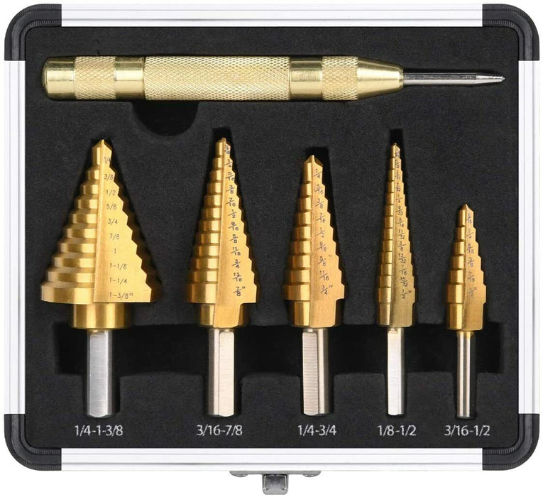 FORCE PRO HSS 6PC Titanium Step Drill Bit Set Automatic Center Punch High