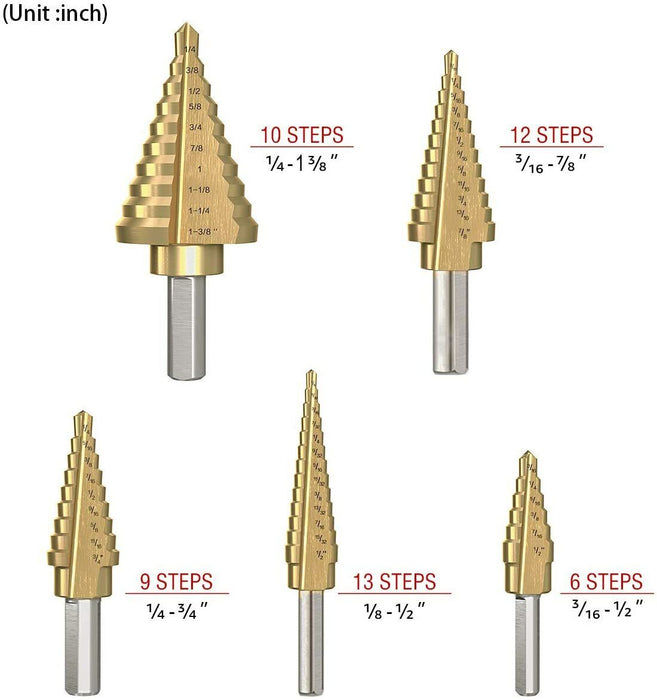 FORCE PRO HSS 6PC Titanium Step Drill Bit Set Automatic Center Punch High