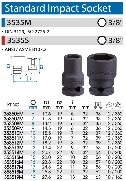 KING TONY 3/8"DR 6PT Metric Standard Impact Socket Made in Taiwan 6-19mm - FISHER DISCOUNT