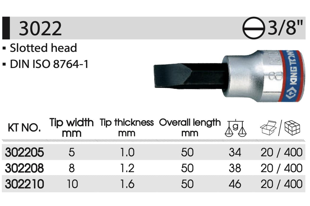 KING TONY 3/8" Dr SLOTTED Male Bit Socket Set  S2 Steel Made in Taiwan #5 #8 #10