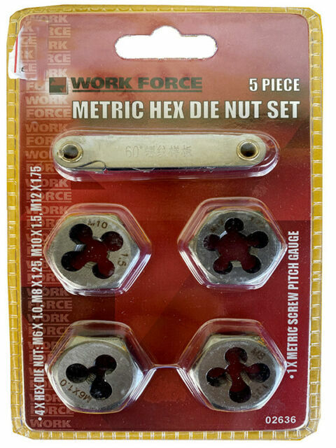 FORCE PRO5PC Carbon Stel HEX Die Set Kit Thread Restore Pitch Gauge M6/M8/M1M12