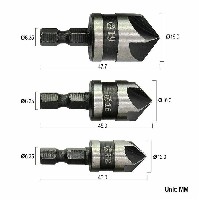 3PC 1/4" Hex Countersink Bits Bore Set Drill Boring Quick Change For Woods Metal