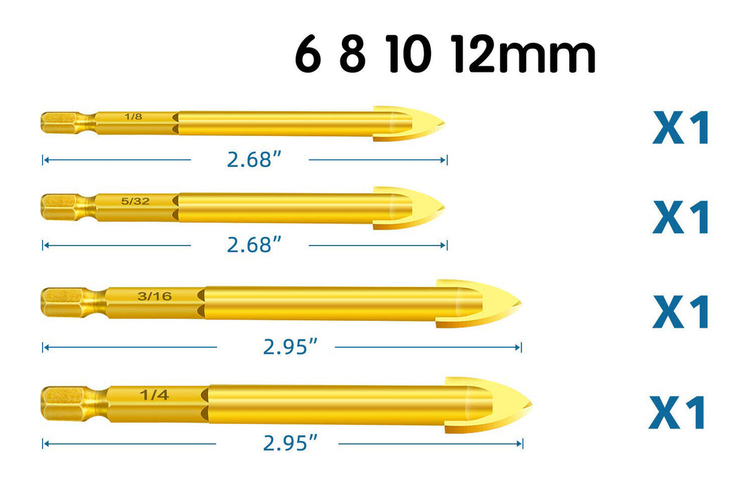 4x Hex Titanium Ceramic Tile Glass Drill Bit Carbide Cross Spear Head 6-12mm