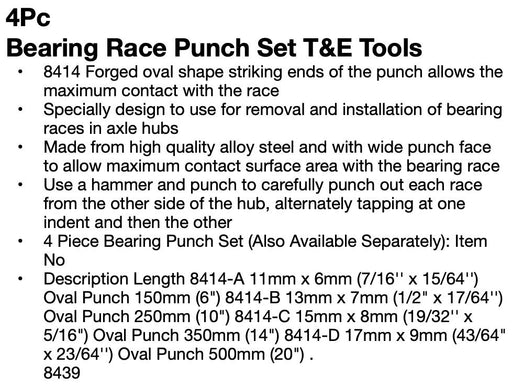 T&E Tools 4PC Bearing Race Punch Set Made in Taiwan 8414 7/16 1/2 5/8 9/16 - FISHER DISCOUNT