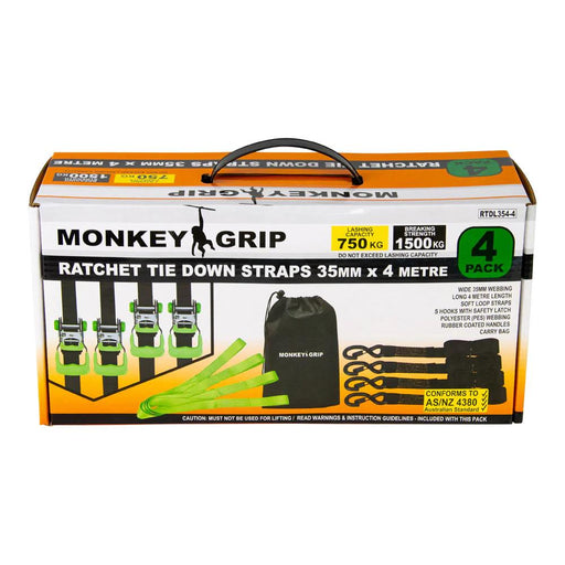 4PCS Monkey Grip Ratchet Tie Down with Soft Loop Straps 750KG Capacity 4M x 35mm - FISHER DISCOUNT