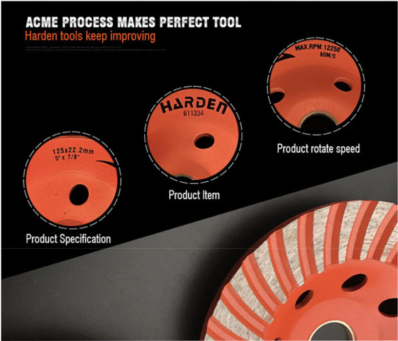 HARDEN 5"/ 125Mm Concrete Turbo Diamond Grinding Cup Wheel Cup Disc Grinder
