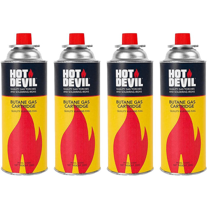 Hot Devil Butane Gas 4x 220g Cartridges Pack - Quality Burning Fuel HD200C