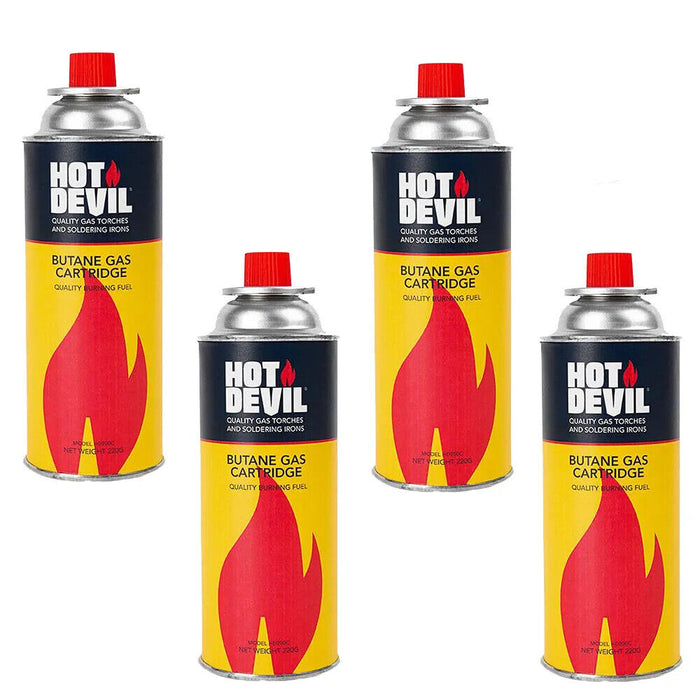 Hot Devil Butane Gas 4x 220g Cartridges Pack - Quality Burning Fuel HD200C