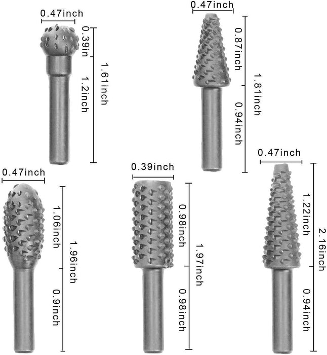 5pcs Shank Rotary Rasp Burr Set Drill Bit Wood Carving Woodworking File 1/4"