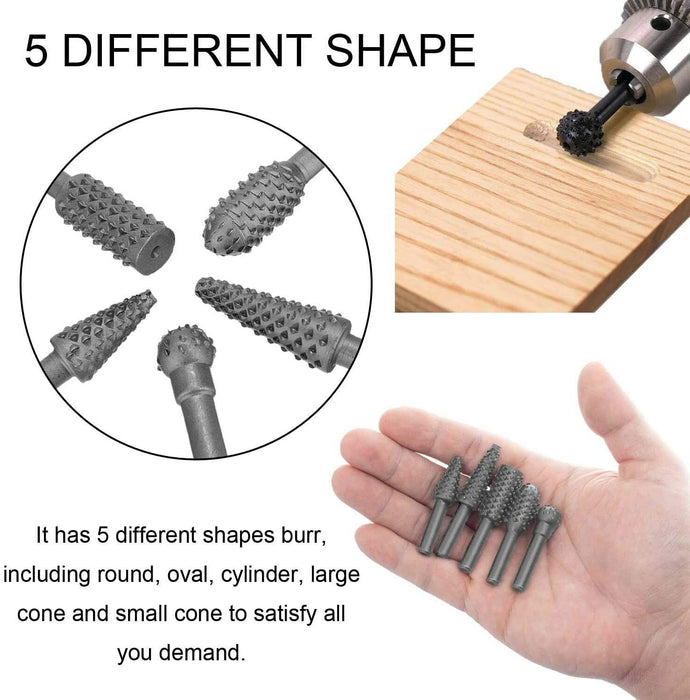 5pcs Shank Rotary Rasp Burr Set Drill Bit Wood Carving Woodworking File 1/4"