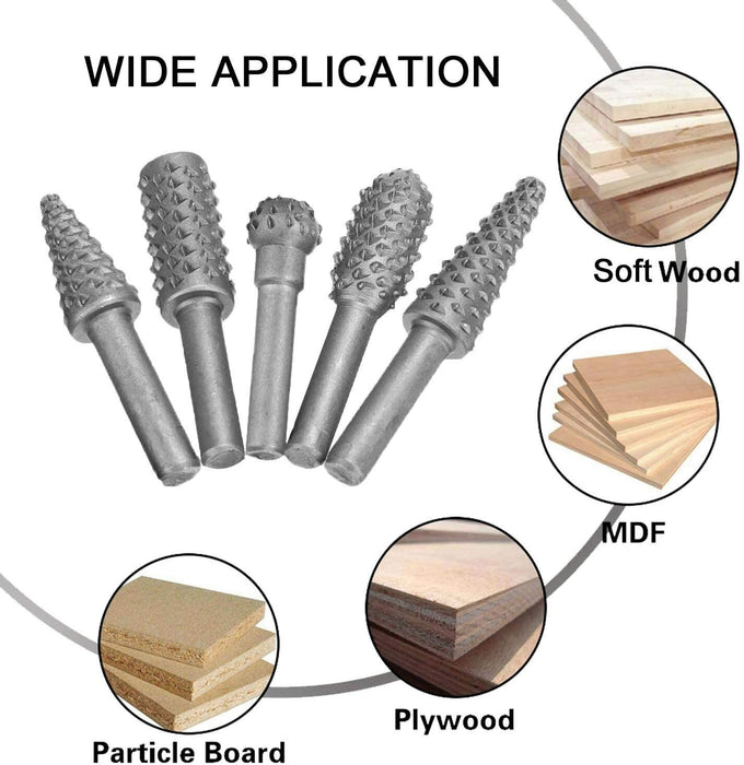 5pcs Shank Rotary Rasp Burr Set Drill Bit Wood Carving Woodworking File 1/4"