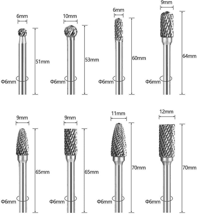 GRIP 8 PC HEAVY-DUTY DOUBLE CUT CARBIDE ROTARY TOOL FILE BIT BURR SET HIGH SPEED