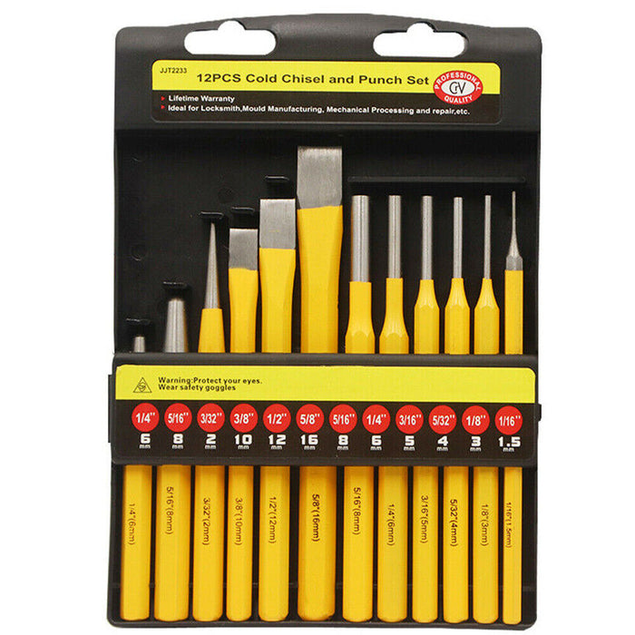 12-Picec Pin Punch and Chisel Set Centre Taper & Long Pin Punches & Cold Chisels