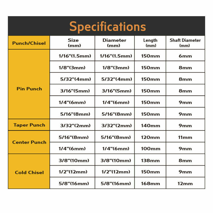 12-Picec Pin Punch and Chisel Set Centre Taper & Long Pin Punches & Cold Chisels