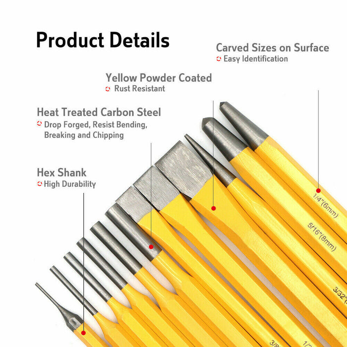 12-Picec Pin Punch and Chisel Set Centre Taper & Long Pin Punches & Cold Chisels