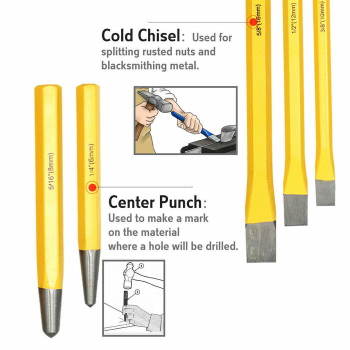 12-Picec Pin Punch and Chisel Set Centre Taper & Long Pin Punches & Cold Chisels