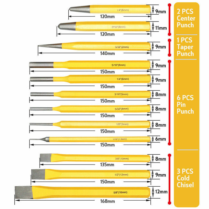 12-Picec Pin Punch and Chisel Set Centre Taper & Long Pin Punches & Cold Chisels