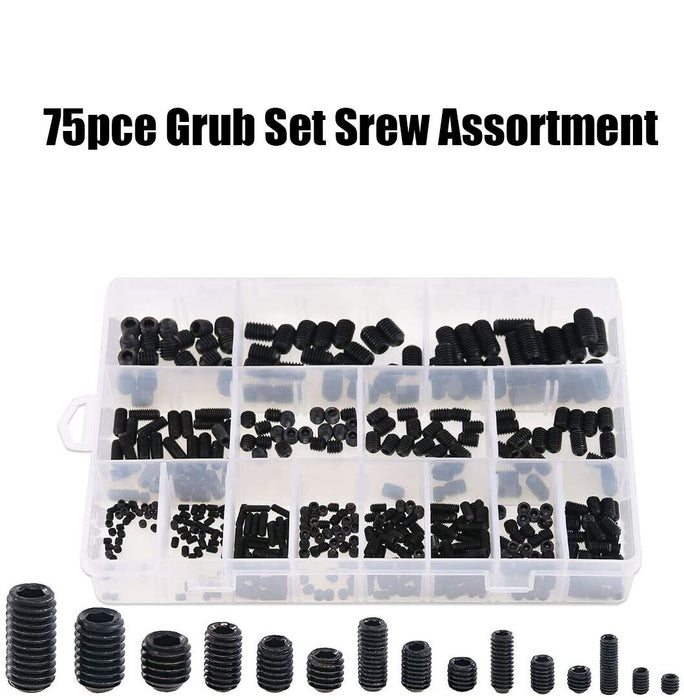 75pc GRUB SCREW ASSORTMENT KIT SET SCREW HANDY PACK 12 SIZES 5 to 12mm HEX HEAD - FISHER DISCOUNT