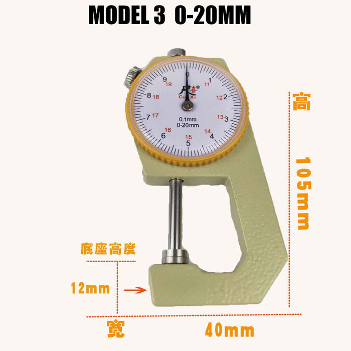 Dial Thickness Gauge Range 0-20mm Accuracy 0.1mm Metal Paper Leathercraft Tool