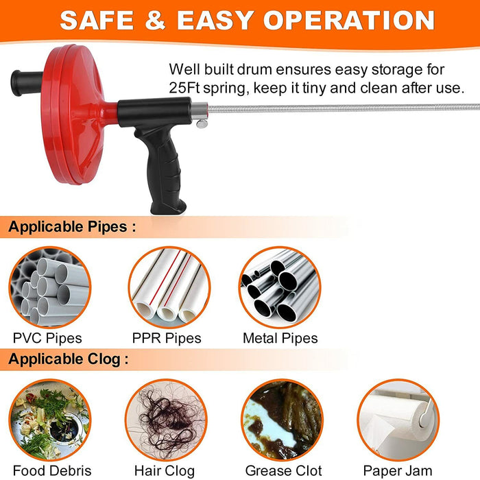 Sink Pipe Drain Cleaner Unblocker Auger Unblock Plunger with 5m Snake Cable