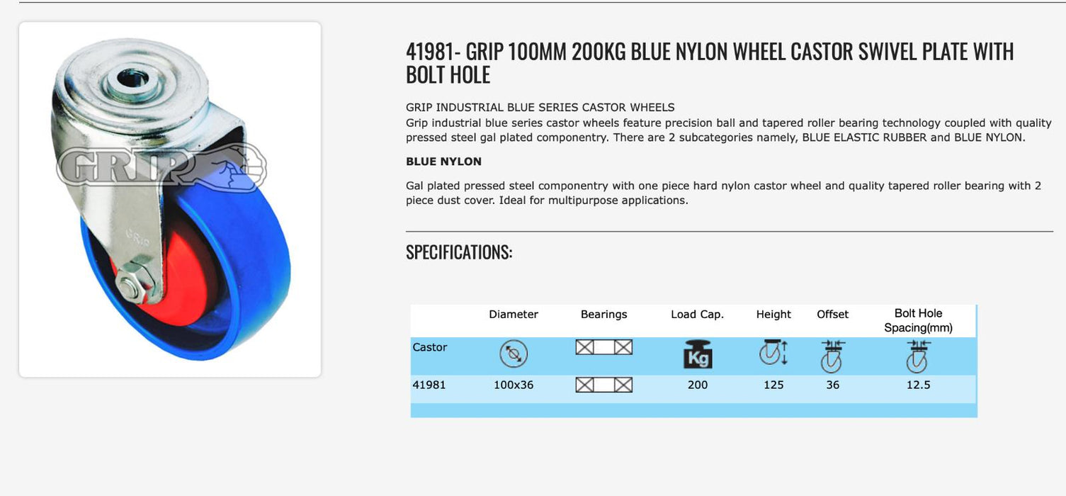 GRIP 100MM 200KG BLUE NYLON WHEEL CASTOR SWIVEL PLATE WITH BOLT HOLE