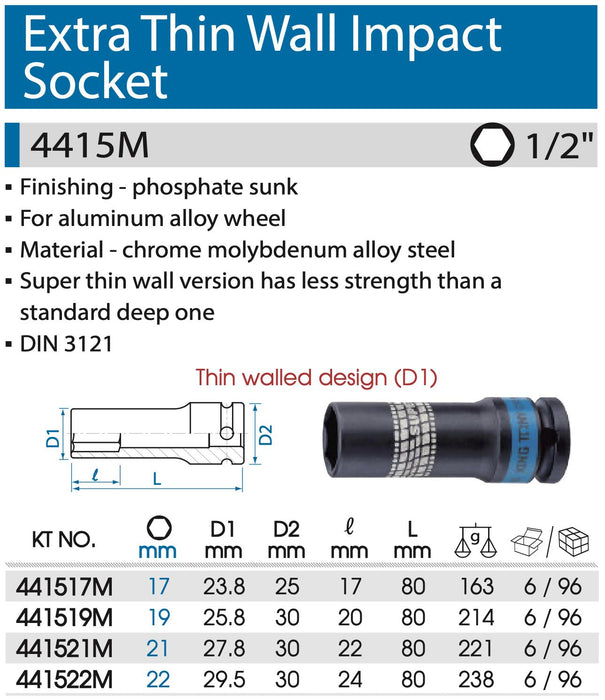 KING TONY 1/2" Extra Thin-Wall Deep Impact Socket 17-22mm Premium Made in Taiwan - FISHER DISCOUNT